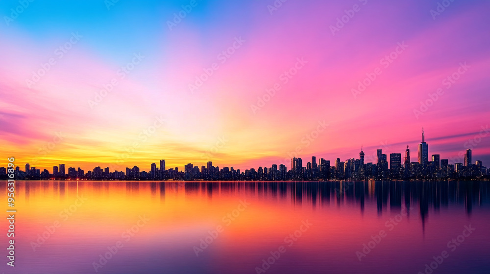 A panoramic view of a city skyline at sunrise, featuring vibrant colors reflecting on calm water, creating a breathtaking scene. A panoramic view of a city skyline at sunrise, featuring vibrant colors reflecting on calm water, creating a breathtaking scene.