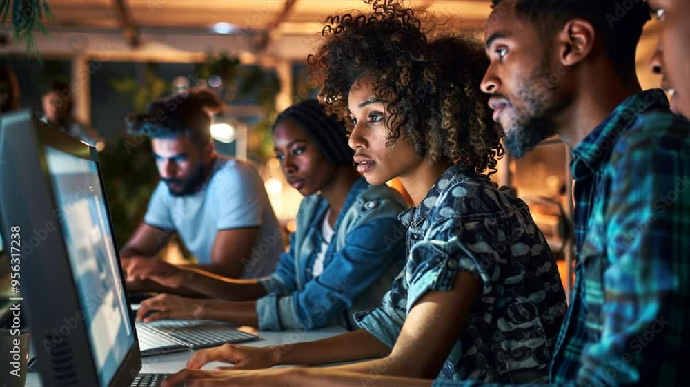A group of people are working on a computer together. The woman is looking at the screen and the man is looking at her A group of people are working on a computer together. The woman is looking at the screen and the man is looking at her