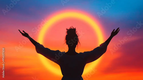 Images of a silhouetted woman raising her arms toward a radiant, colorful sunset, evoking themes of empowerment, spiritual connection, and inner peace.