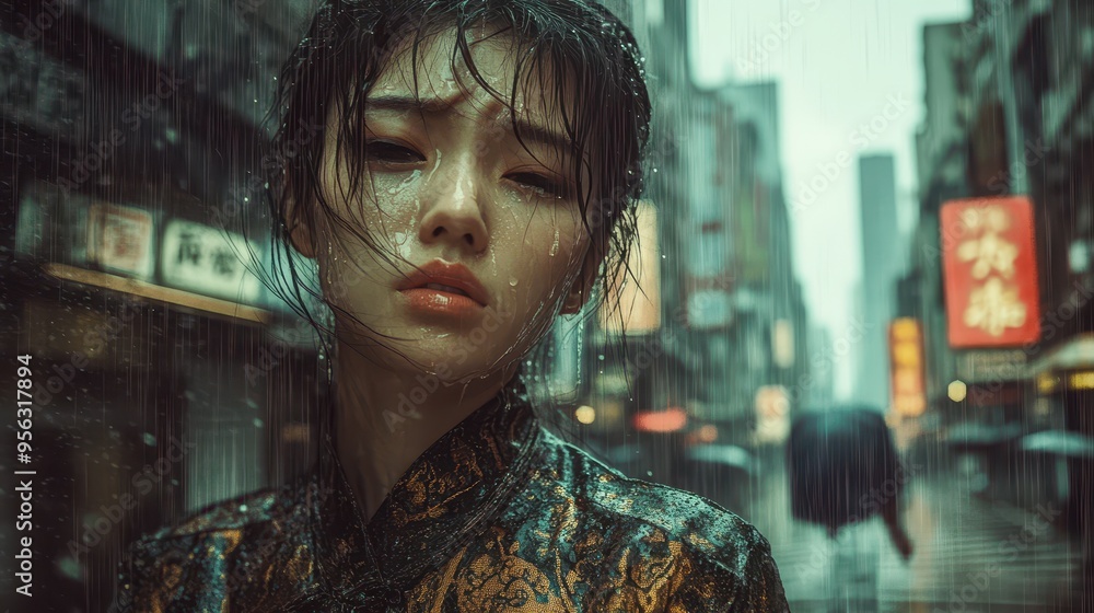 Weeping Asian woman in haute couture on a rainsoaked city street, Asian woman, fashion, crying, melancholy and style in the urban jungle Weeping Asian woman in haute couture on a rainsoaked city street, Asian woman, fashion, crying, melancholy and style in the urban jungle