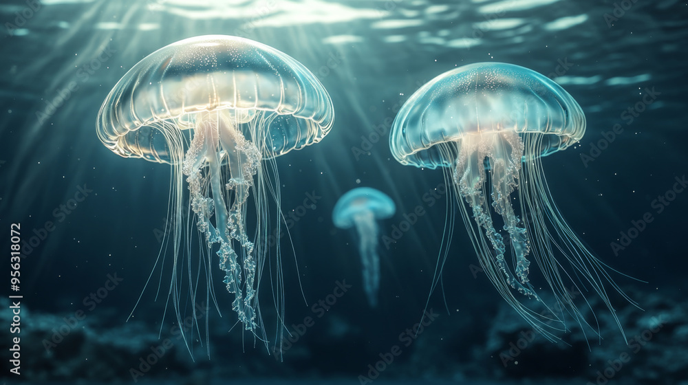 Three jellyfish glide through the ocean depths, illuminated by sunlight, highlighting their delicate, translucent forms. Three jellyfish glide through the ocean depths, illuminated by sunlight, highlighting their delicate, translucent forms.