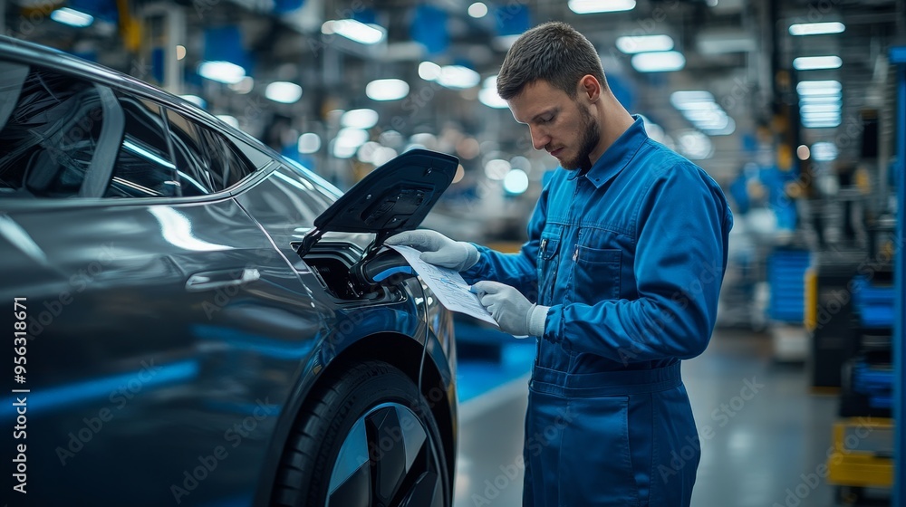 Mechanic verifying safety checklist on electric vehicle Mechanic verifying safety checklist on electric vehicle