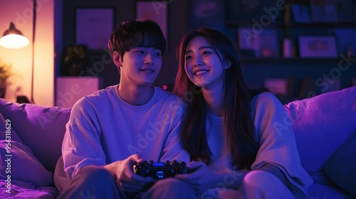 Happy Young couple in love playing video games while sitting on the sofa in the bedroom in night time,romantic and having fun and enjoying each other on their Long weekends,copy space.