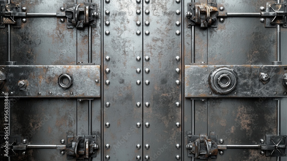 Closeup of a metal door with intricate circular design features Closeup of a metal door with intricate circular design features