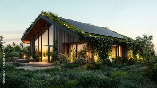 Modern sustainable home with lush greenery and solar panels in a serene garden setting.