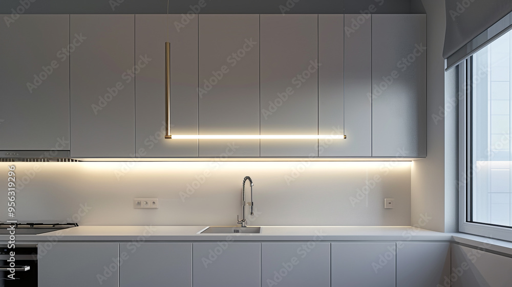 a minimalist kitchen with a single statement light fixture and white cabinets a minimalist kitchen with a single statement light fixture and white cabinets