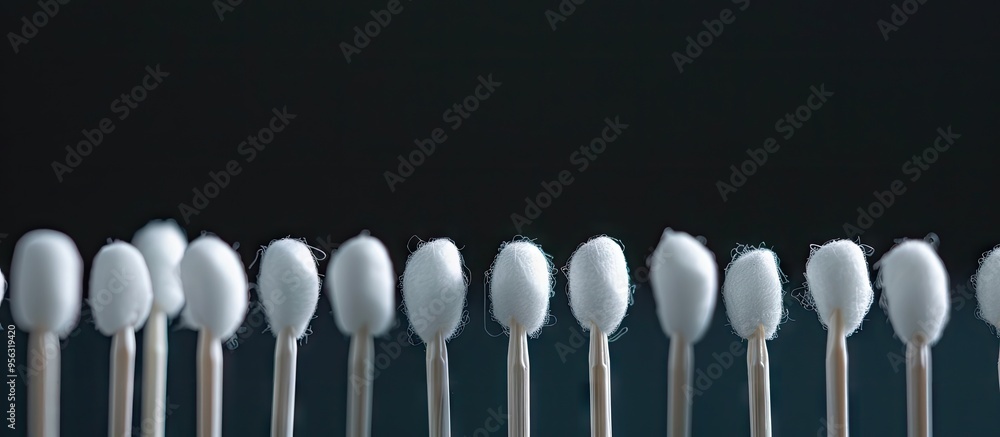 A line of white cotton swabs against a dark backdrop with ample copy space image A line of white cotton swabs against a dark backdrop with ample copy space image