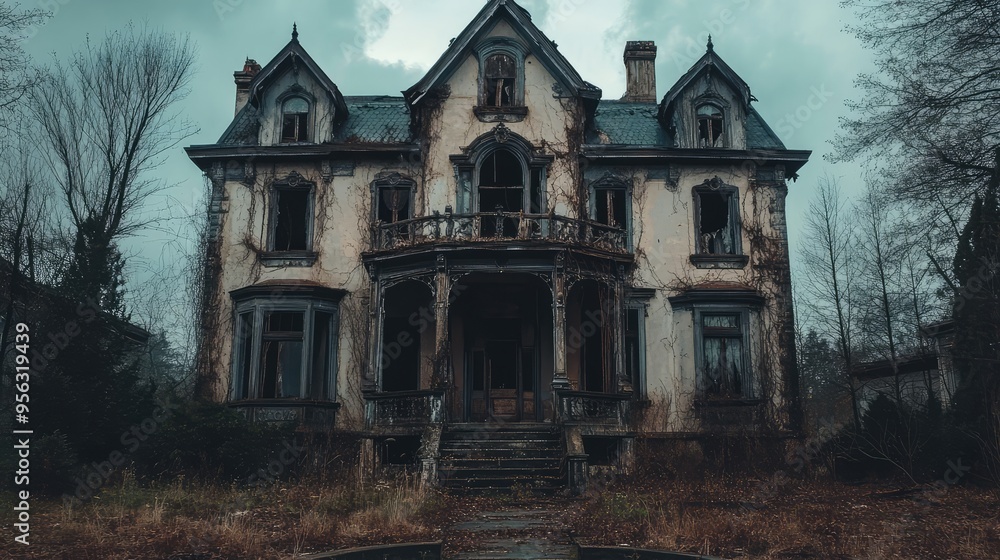 Old Abandoned Haunted House, Spooky Halloween Setting, 3D Render Illustration. AI generated illustration. Old Abandoned Haunted House, Spooky Halloween Setting, 3D Render Illustration. AI generated illustration.