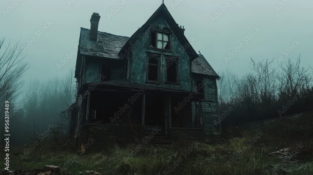 Obraz premium Old Abandoned Haunted House, Spooky Halloween Setting, 3D Render Illustration. AI generated illustration.