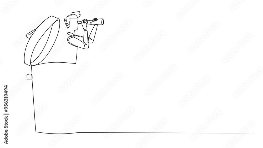 Self drawing animation of single continuous line drawing businessman emerges from a trash can looking for something through binoculars. Entrepreneurs are looking for scapegoat. Full length animated Self drawing animation of single continuous line drawing businessman emerges from a trash can looking for something through binoculars. Entrepreneurs are looking for scapegoat. Full length animated