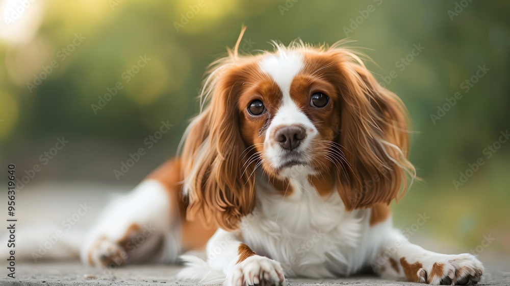 A cavalier king charles spaniel lying on the ground in a park A cavalier king charles spaniel lying on the ground in a park