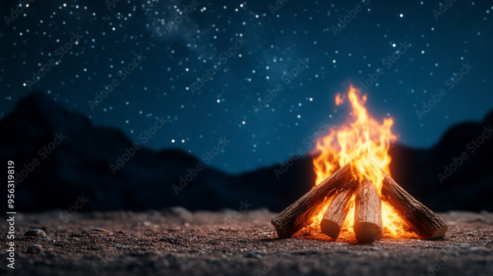 A campfire burns brightly under a starry sky in a remote mountainous area, creating a warm and inviting night atmosphere.
