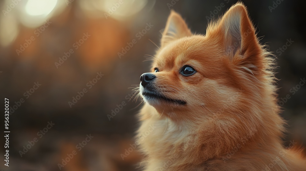 A small Pomeranian dog is looking into the distance in a soft autumn setting A small Pomeranian dog is looking into the distance in a soft autumn setting