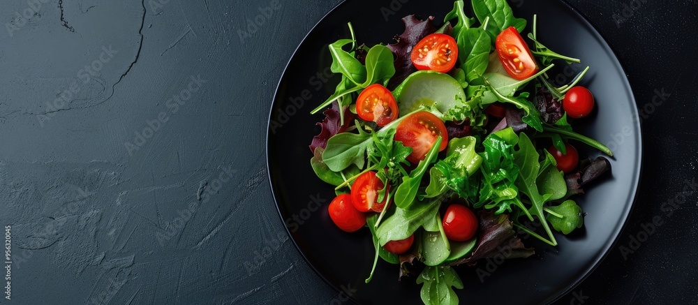 Fresh salad on a plate over a black background with ample copy space image Fresh salad on a plate over a black background with ample copy space image