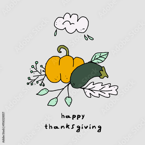 Happy Thanksgiving card with autumn leaves and pumpkin. Hand drawn childish vector art leave shapes and pumpking for fall concept.