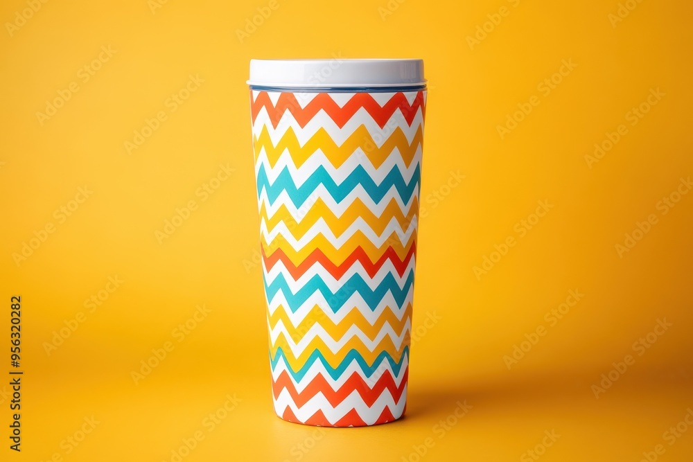 Fototapeta premium A colorful, patterned cup against a bright yellow background.