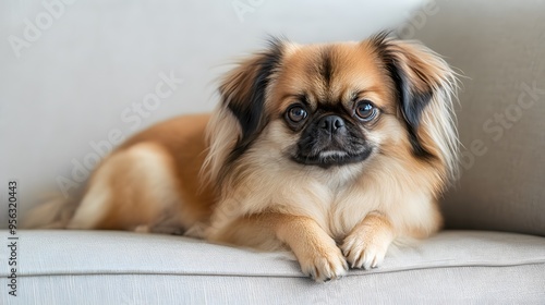  Adorable small dog with brown fur relaxing on a gray couch