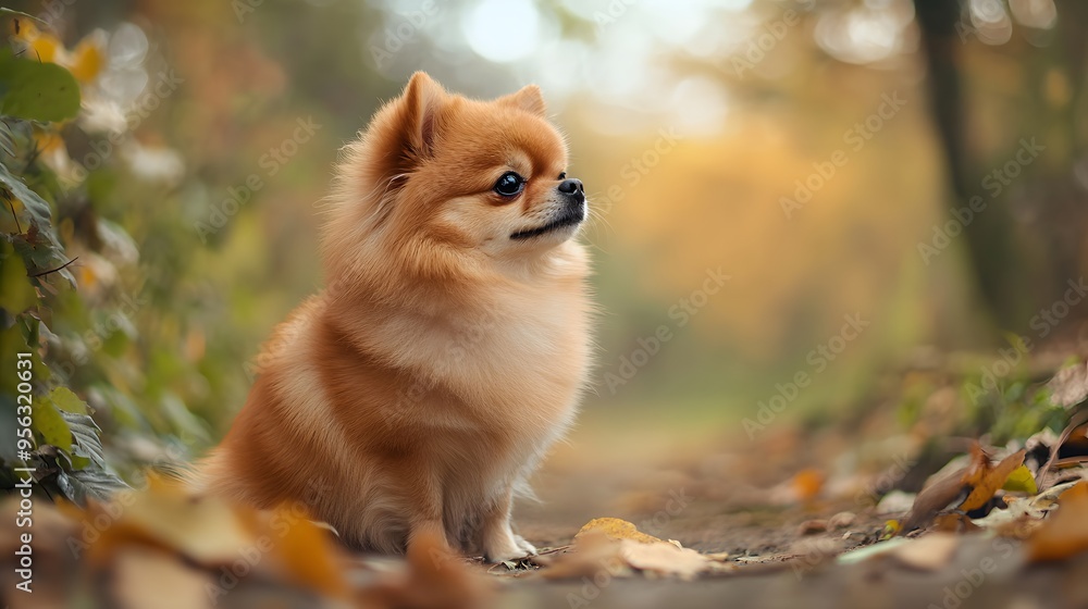 Adorable Pomeranian dog sitting on a forest path surrounded by autumn leaves Adorable Pomeranian dog sitting on a forest path surrounded by autumn leaves