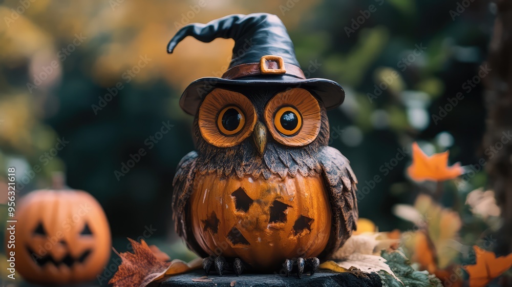 Pumpkin Owl with Witch Hat on Its Head, Halloween 3D Illustration. AI generated illustration. Pumpkin Owl with Witch Hat on Its Head, Halloween 3D Illustration. AI generated illustration.