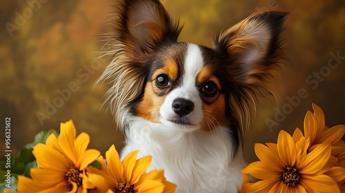  Adorable long-haired dog with large ears and expressive eyes surrounded by yellow flowers