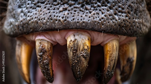 Striking closeup macro photograph showcasing the intricate and textured details of a hippo s teeth  The sharp focus and shallow depth of field create a clean photo