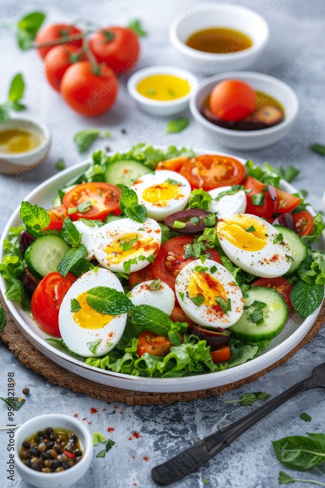 Fresh Salad with Boiled Eggs, Tomatoes, Cucumber, and Olives on White Plate, Top View Fresh Salad with Boiled Eggs, Tomatoes, Cucumber, and Olives on White Plate, Top View