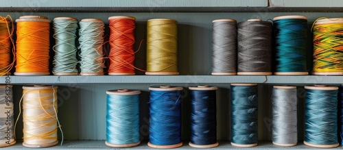 An arrangement of computer threads stacked neatly on a shelf with ample copy space in the image