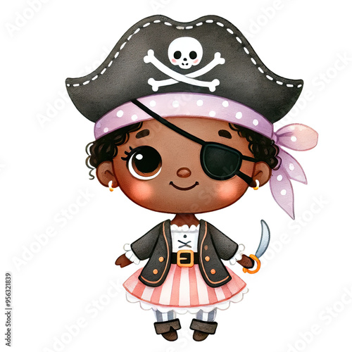 Cute cartoon pirate character with eyepatch and sword, wearing a black hat with skull and crossbones, on a white background.