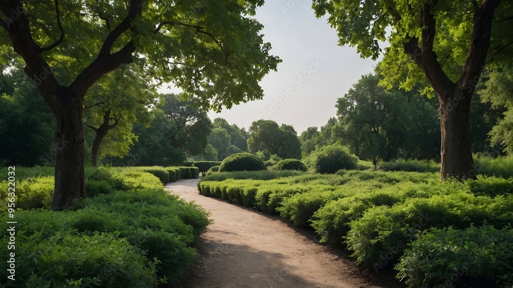 a path through the garden Green Park Landscape A Serene View of Lush Bushes and Trees in a Beautiful