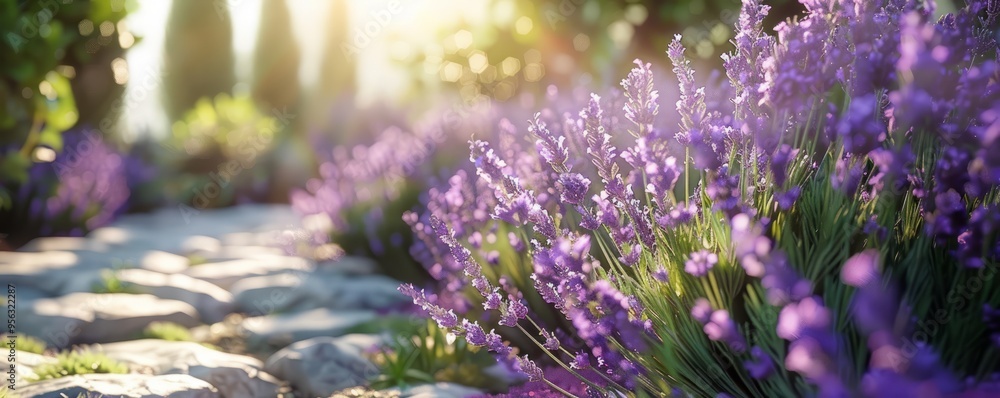 Obraz premium Fragrant lavender bush in sunny garden, 4K hyperrealistic photo