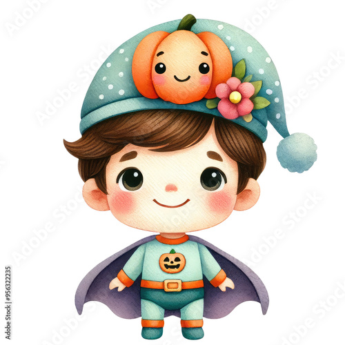 Cute illustration of a child dressed in a pumpkin-themed superhero costume, perfect for Halloween-themed designs and projects. photo