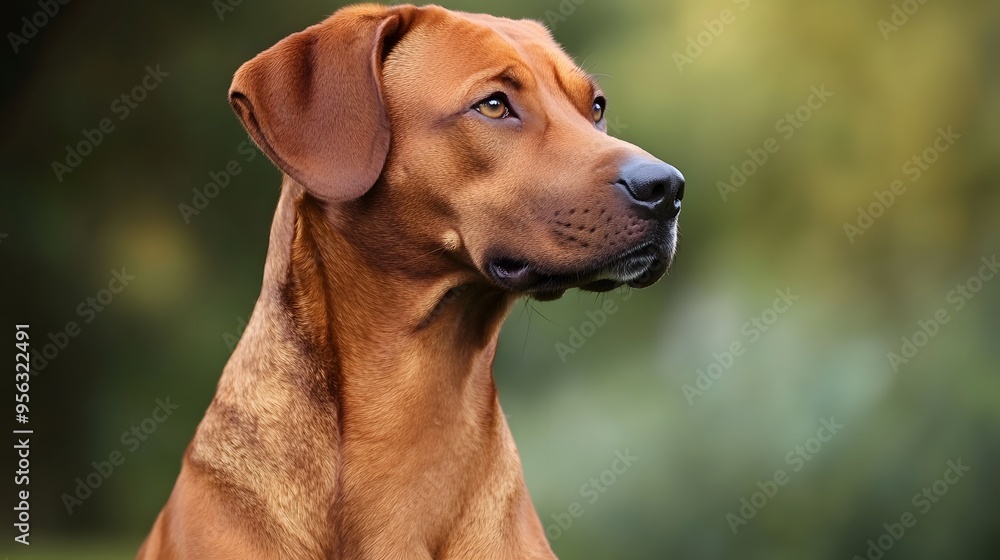A beautiful brown dog with alert expression and soft fur against a blurred green background A beautiful brown dog with alert expression and soft fur against a blurred green background