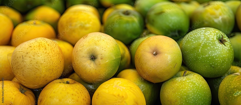 A market stall showcases green and yellow apples in a close up copy space image A market stall showcases green and yellow apples in a close up copy space image