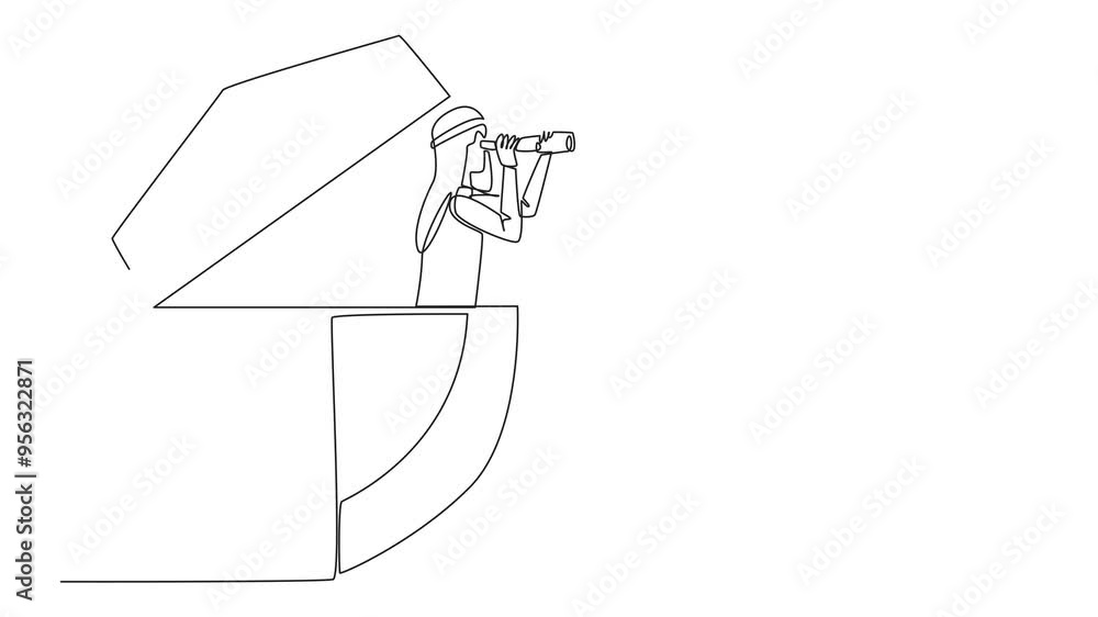 Animation of single continuous line drawing Arab businessman emerges from shield look for something with binoculars. Look for most effective way to ward off cyber crime attacks. Full length motion Animation of single continuous line drawing Arab businessman emerges from shield look for something with binoculars. Look for most effective way to ward off cyber crime attacks. Full length motion