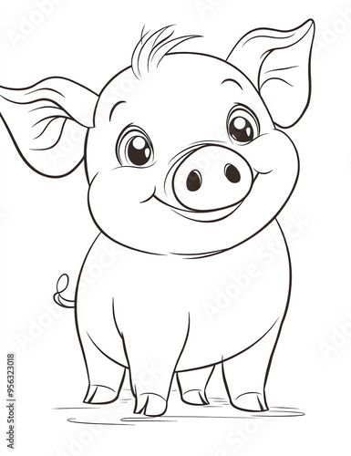  Coloring page for kids, cute baby pig, cartoon style, thick lines, very low detail, no shading, black and white background,