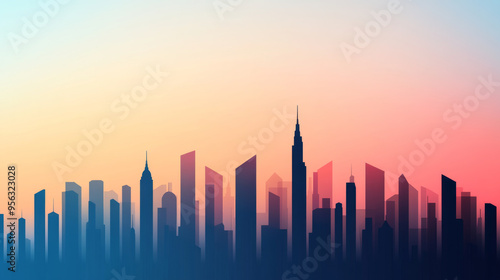 A minimalist cityscape silhouette with modern buildings, depicted against a soft pastel dawn sky, exuding tranquility and elegance.