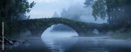 Stone arch bridge over a misty river during dawn, 4K hyperrealistic photo photo