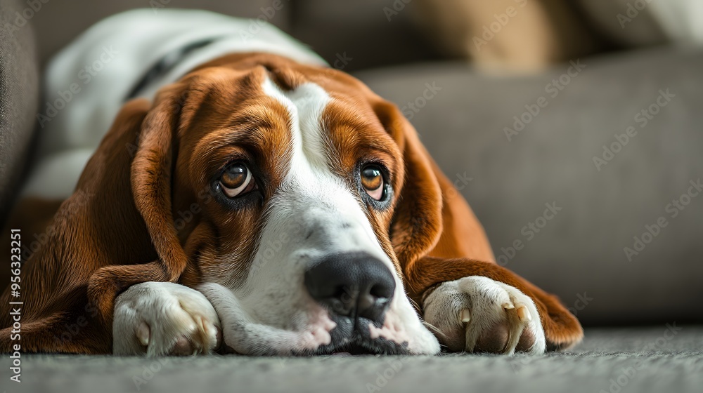 A basset hound resting on a sofa, looking sad with expressive eyes and droopy ears A basset hound resting on a sofa, looking sad with expressive eyes and droopy ears