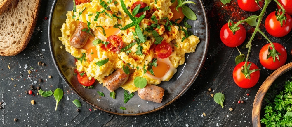 Scrambled eggs with vegetables sausages herbs cherry tomatoes bread in a picturesque plate setting with copy space image Scrambled eggs with vegetables sausages herbs cherry tomatoes bread in a picturesque plate setting with copy space image