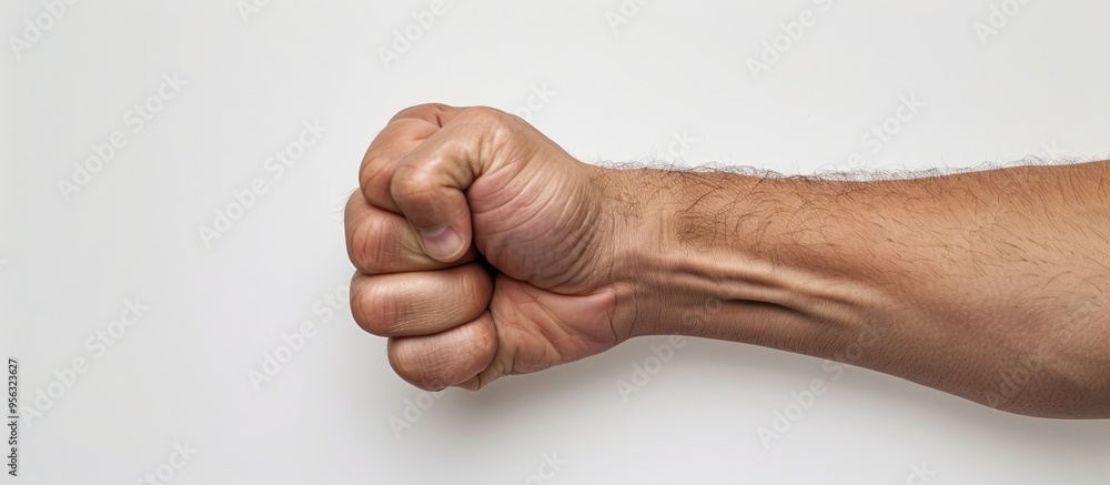 A man s fist tightly closed with empty space around it on a white backdrop perfect for adding images. Creative banner. Copyspace image A man s fist tightly closed with empty space around it on a white backdrop perfect for adding images. Creative banner. Copyspace image