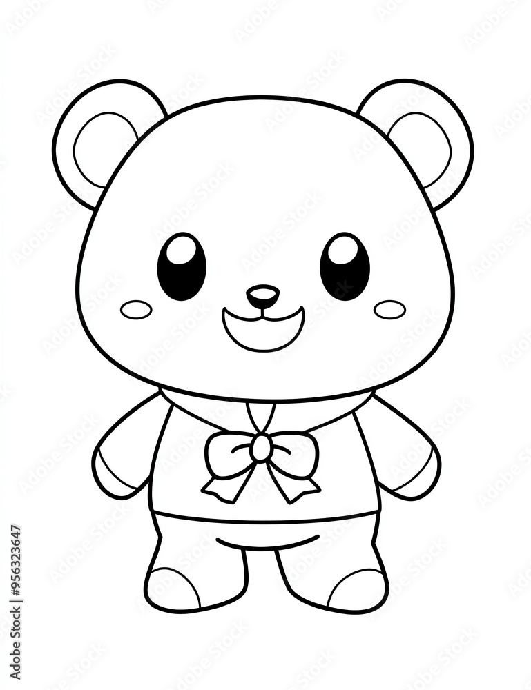 Naklejka premium Kawaii cute teddy bear wearing , a simple coloring page for kids with crisp lines and a white background