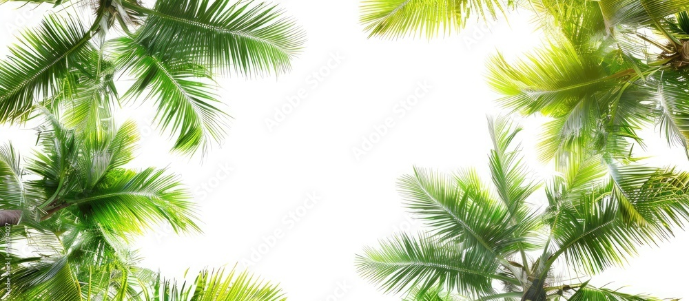 Clear white sky background with coconut tree leaves providing copy space image Clear white sky background with coconut tree leaves providing copy space image