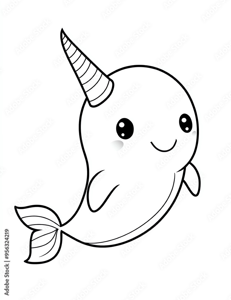 Kawaii cute narwhal coloring page on a white background, in a simple line art style with thick lines. Kawaii cute narwhal coloring page on a white background, in a simple line art style with thick lines.