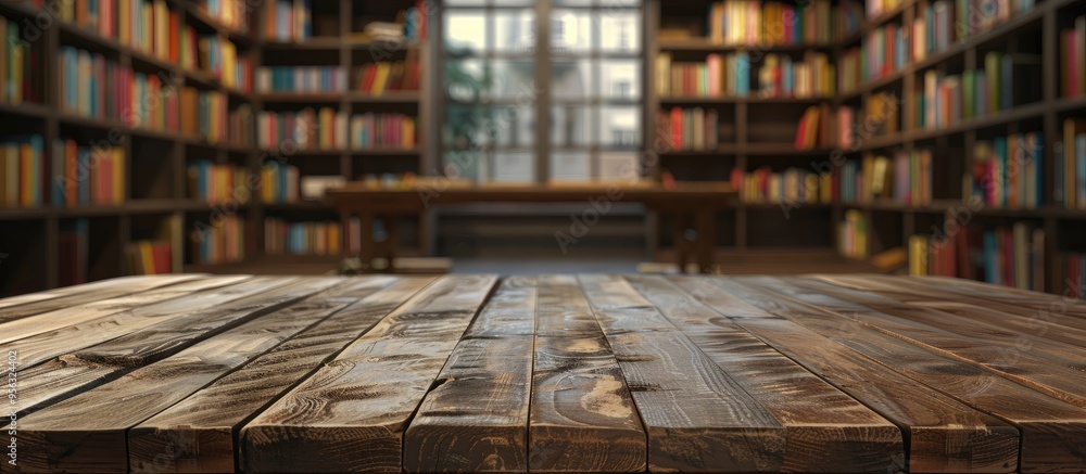 A wooden table with no items on top set against a library backdrop at a school provides space for product advertisements along with a display of lovely library books. Creative banner. Copyspace image A wooden table with no items on top set against a library backdrop at a school provides space for product advertisements along with a display of lovely library books. Creative banner. Copyspace image