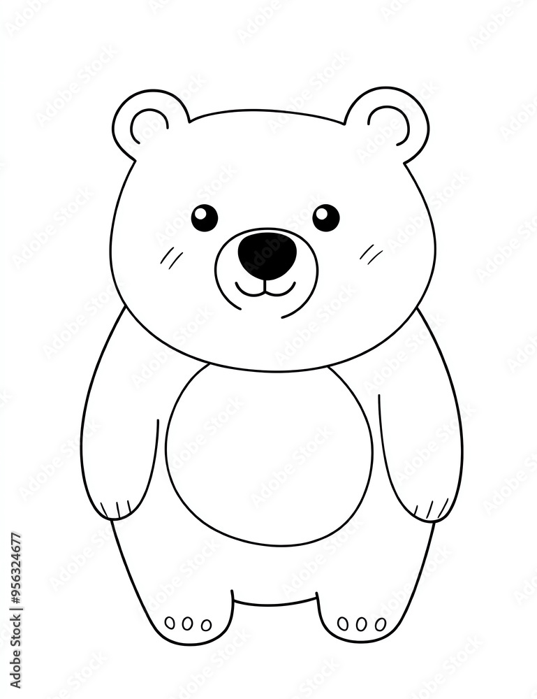 Fototapeta premium Cute bear, simple flat vector coloring page for kids, no shading, thick lines, cartoon style, white background,