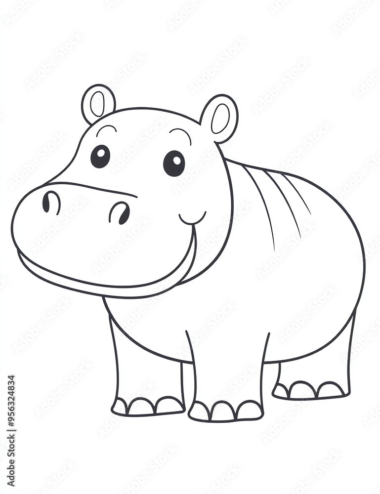 Obraz premium Cute cartoon-style hippopotamus coloring page for kids, simple line art drawing of a cute animal character, no shading and a white background