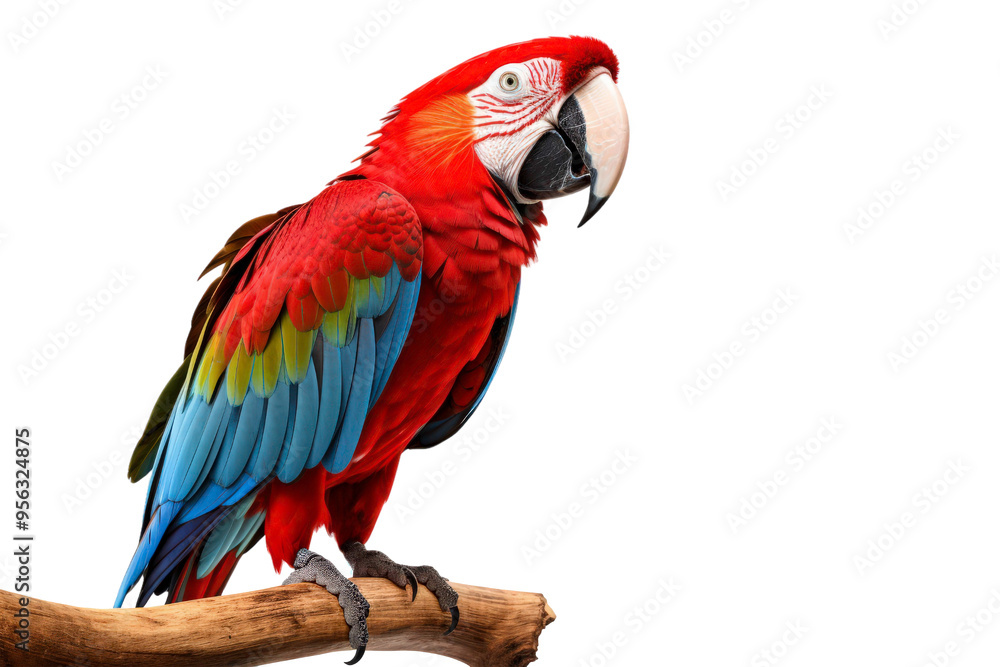 Obraz premium Scarlet macaw perched on branch against light background, suitable for nature or wildlife themed designs and projects