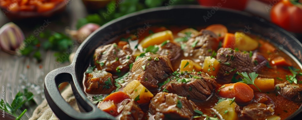 Savory beef stew in cast iron pot, 4K hyperrealistic photo Savory beef stew in cast iron pot, 4K hyperrealistic photo