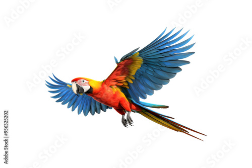 The image features a red scarlet macaw bird, its wings spread out. Suitable for website backgrounds or marketing materials for nature, wildlife, tropical themes, and bird enthusiasts photo