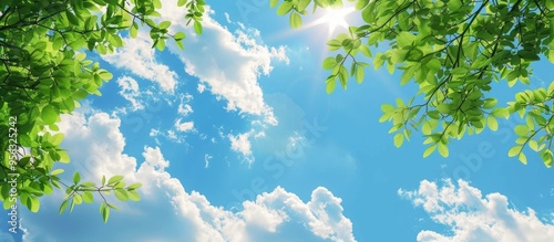 Fototapeta Naklejka Na Ścianę i Meble -  Blank blue sky with fluffy clouds and green tree branches in the foreground providing copy space image